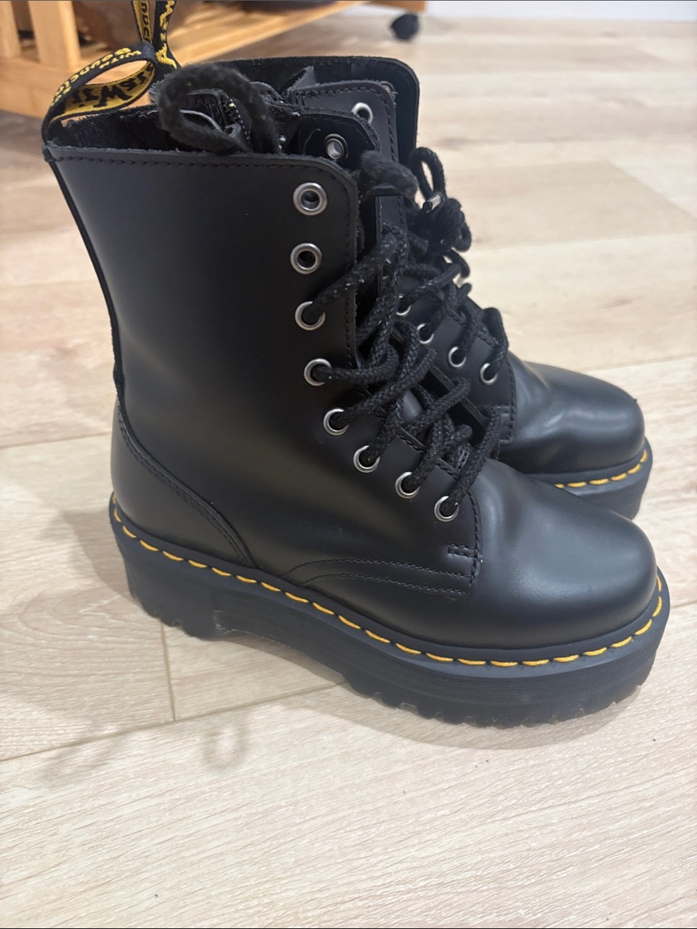 Dr. Martens Black Leather Lace-Up Platform Boots with Yellow Stitching - Picture 2 of 3